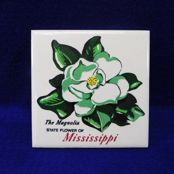 Vintage Magnolia State Flower Of Mississippi Ceramic Tile Trivet 4.25" - Picture 1 of 5